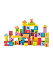 Cuburi din lemn cu litere si numere culori pastelate (60 piese in galeata)