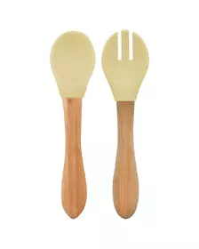 Set Lingurita si Furculita Minikoioi, Varf din Silicon si Maner din Bambus – Mellow Yellow