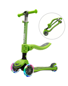 Trotineta copii 2-in-1 cu sezut TUGA RIDE 4Glow - Verde, pliabila, 18 luni - 8 ani, lumini, 4 roti PU LED, ghidon reglabil, stabila, auto-echilibrare, frana aluminiu