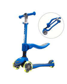 Trotineta copii 2-in-1 cu sezut TUGA RIDE 4Glow - Albastra, pliabila, 18 luni - 8 ani, lumini, 4 roti PU LED, ghidon reglabil, stabila, auto-echilibrare, frana aluminiu