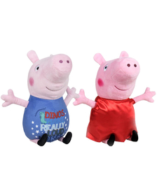 Set 2 jucarii din plus George Dinos & Peppa Pig cu rochie rosie din satin 17 cm, Peppa Pig