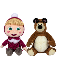 Set 2 jucarii din plus Masha cu pardesiu 26 cm si Ursul 25 cm, Masha & The Bear