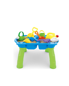 Petite&Mars - Masa de joaca pentru copii, Toby, Pentru apa si nisip, 9 jucarii diferite incluse, 45 x 49 x 45 cm, Albastru/Verde