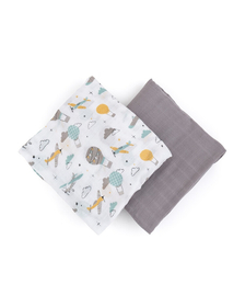 Petite&Mars - Set 2 scutece din muselina de bambus Misty Grey Planes, Hipoalergenice, Dimensiuni mari 120 x 120 cm, Certificate Oeko Tex Standard 100, Multicolor