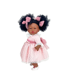 Papusa artizanala Celia Afro - cu miros de vanilie, rochita roz plumeti (45cm)