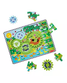 Puzzle din lemn cu rotite dintate pentru invatarea numararii prin joaca Animale vesele