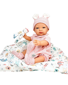 Papusa Nines D'Onil, Rubi Lana, bebelus, cu suzeta cu haine roz, cu miros de vanilie, 45 cm