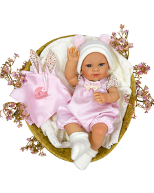 Papusa Nines D'Onil, Dou Dou, bebelus RN, cu hainute roz, cu jucarie, cu miros de vanilie, 37 cm