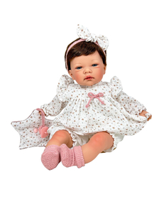Papusa Nines D'Onil, Celia Liberty, cu sunete, cu parul saten, cu rochie alba, cu miros de vanilie, 45 cm