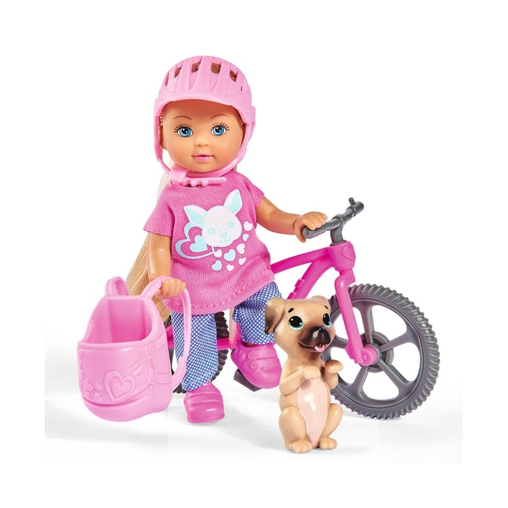 Papusa Simba Evi Love 12 cm Holiday Bike cu bicicleta si catelus