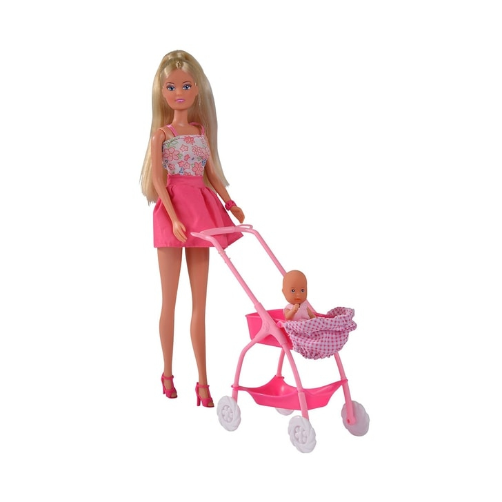 Papusa Simba Steffi Love Baby Walk 29 cm roz cu carucior si accesorii