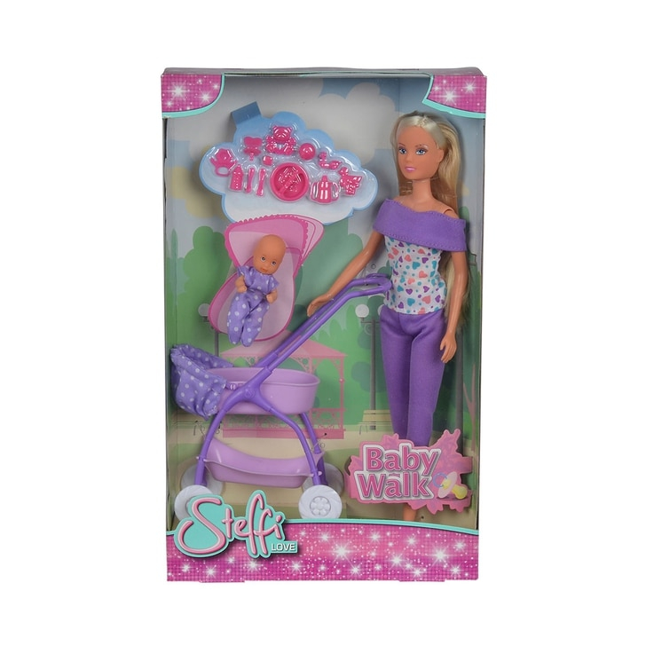Papusa Simba Steffi Love Baby Walk 29 cm mov cu carucior si accesorii