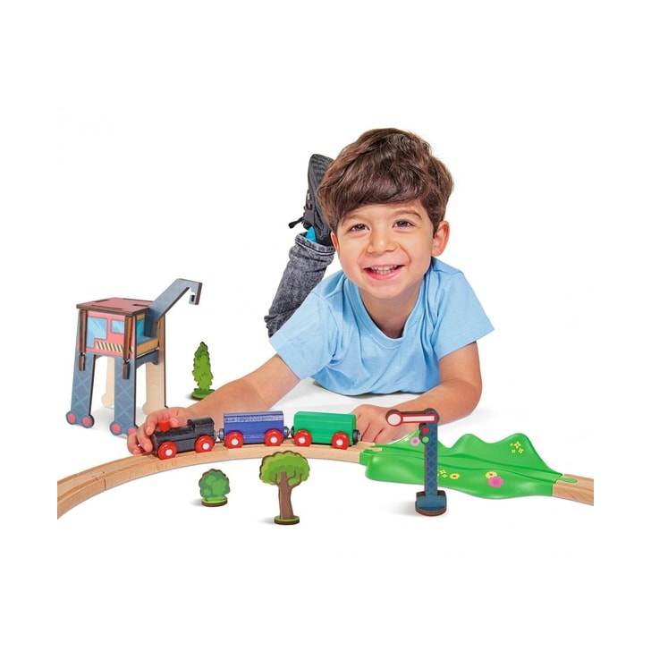 Set din lemn Eichhorn Tren cu sina ovala si accesorii