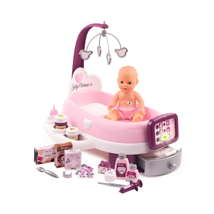 Set cadita si accesorii pentru papusi Smoby Baby Nurse Nursery mov