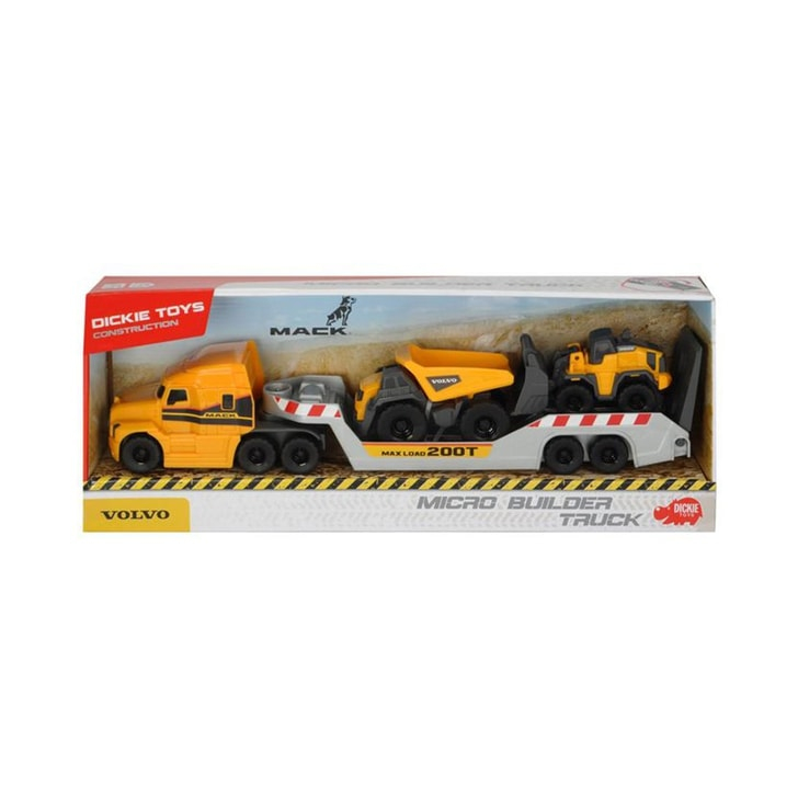 Camion Dickie Toys Mack Volvo Micro Builder cu remorca, buldozer si camion basculant