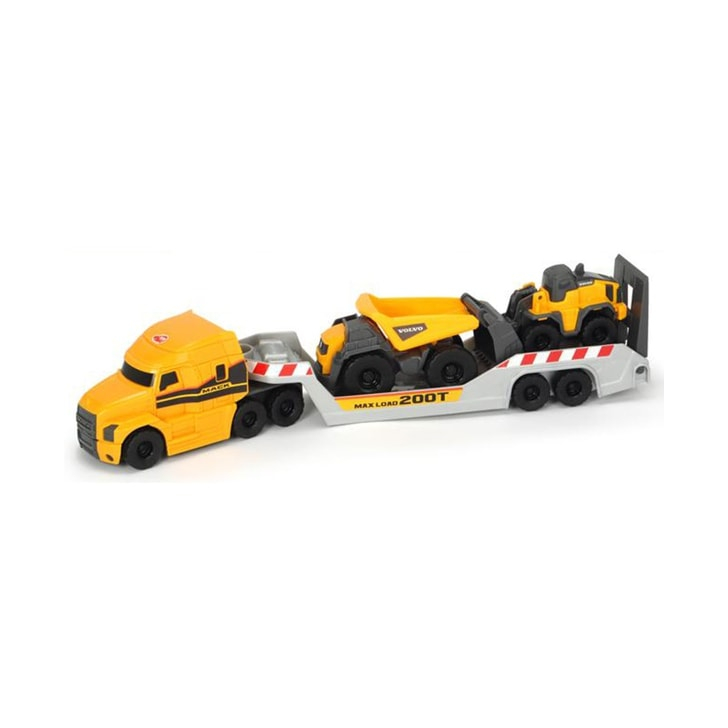 Camion Dickie Toys Mack Volvo Micro Builder cu remorca, buldozer si camion basculant