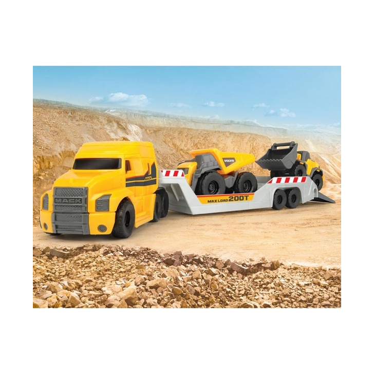 Camion Dickie Toys Mack Volvo Micro Builder cu remorca, buldozer si camion basculant