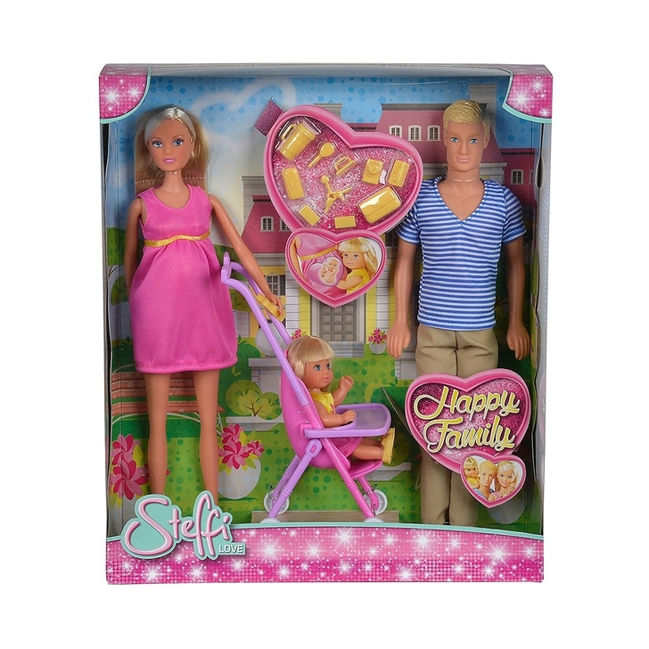Set Simba papusi Steffi Love Happy Family cu 3 papusi, carucior si accesorii