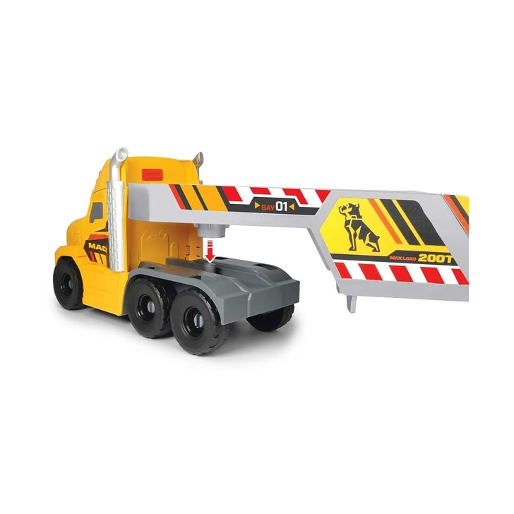 Camion Dickie Toys Mack Volvo Heavy Loader Truck cu remorca, buldozer si camion basculant