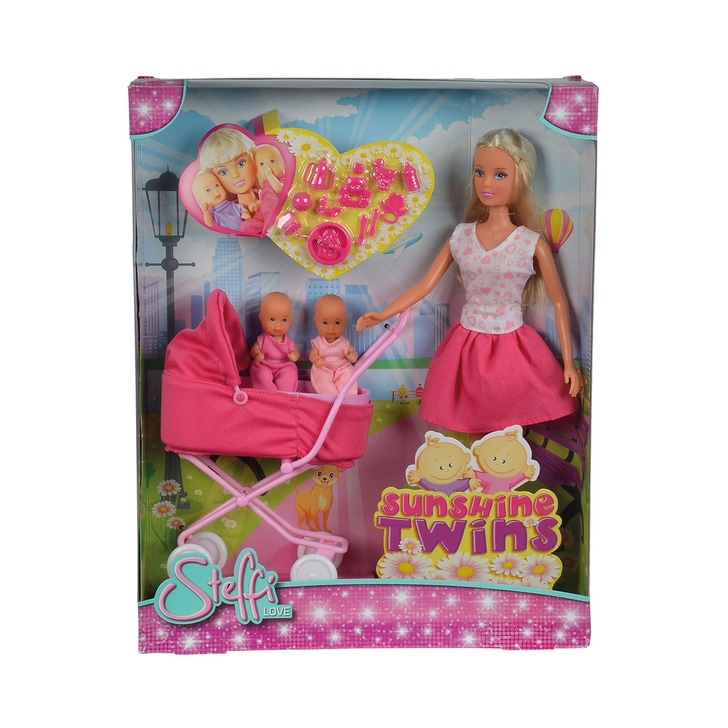 Papusa Simba Steffi Love Sunshine Twins 29 cm roz cu carucior si accesorii