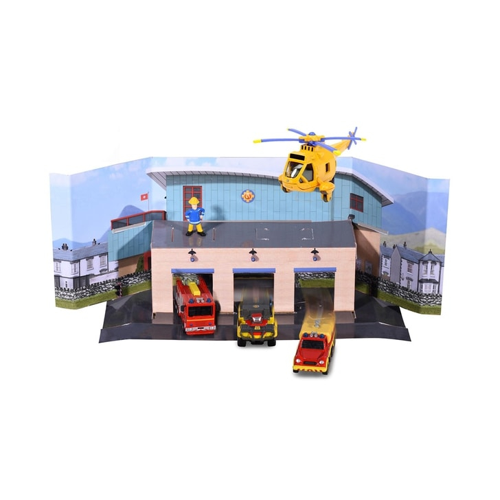 Pista de masini Dickie Toys Fireman Sam, Sam Fire Rescue Team cu 3 masinute, 1 elicopter si 1 figurina