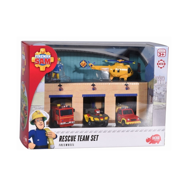 Pista de masini Dickie Toys Fireman Sam, Sam Fire Rescue Team cu 3 masinute, 1 elicopter si 1 figurina