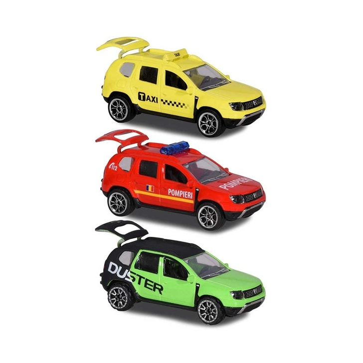 Set Majorette Dacia Duster masina taxi, masina de pompieri si masina negru cu verde