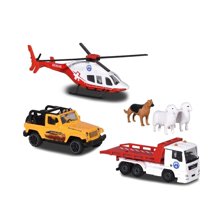 Set Majorette Diorama Mountain Rescue cu 2 masinute, 1 elicopter si 3 figurine