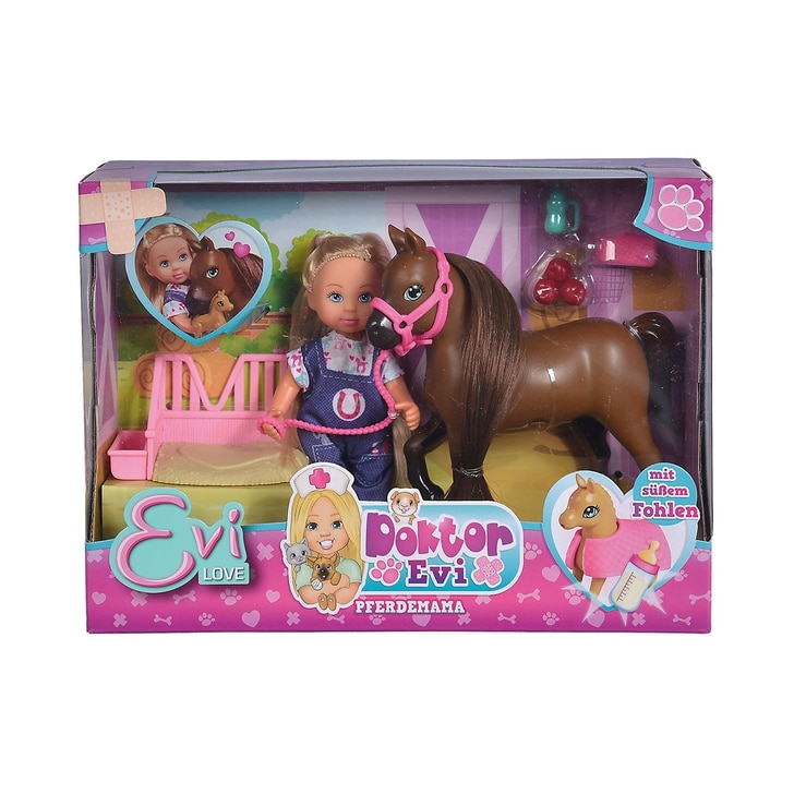 Set Simba Evi Love Doctor Evi Welcome Horse papusa 12 cm cu figurina cal si accesorii