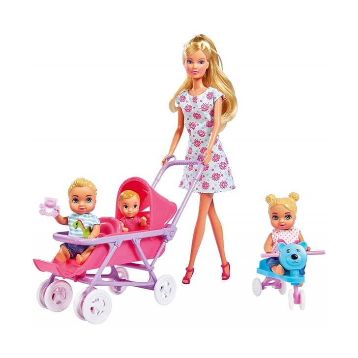 Papusa Simba Steffi Love 29 cm Baby World in rochie cu floricele, cu 2 copii, 1 bebelus si accesorii