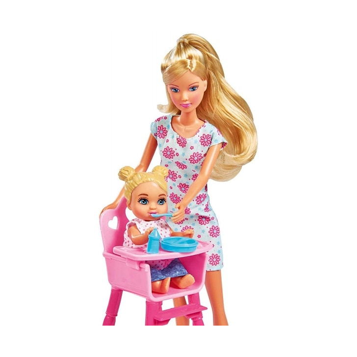 Papusa Simba Steffi Love 29 cm Baby World in rochie cu floricele, cu 2 copii, 1 bebelus si accesorii