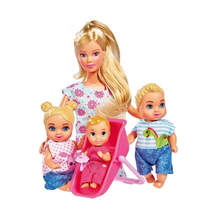 Papusa Simba Steffi Love 29 cm Baby World in rochie cu floricele, cu 2 copii, 1 bebelus si accesorii