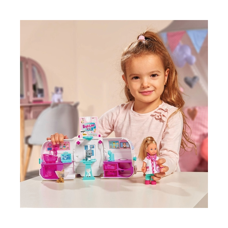 Set Simba Evi Love Doctor Evi 2 in 1 Vet Mobile masina cu papusa 12 cm si accesorii
