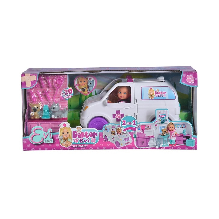 Set Simba Evi Love Doctor Evi 2 in 1 Vet Mobile masina cu papusa 12 cm si accesorii