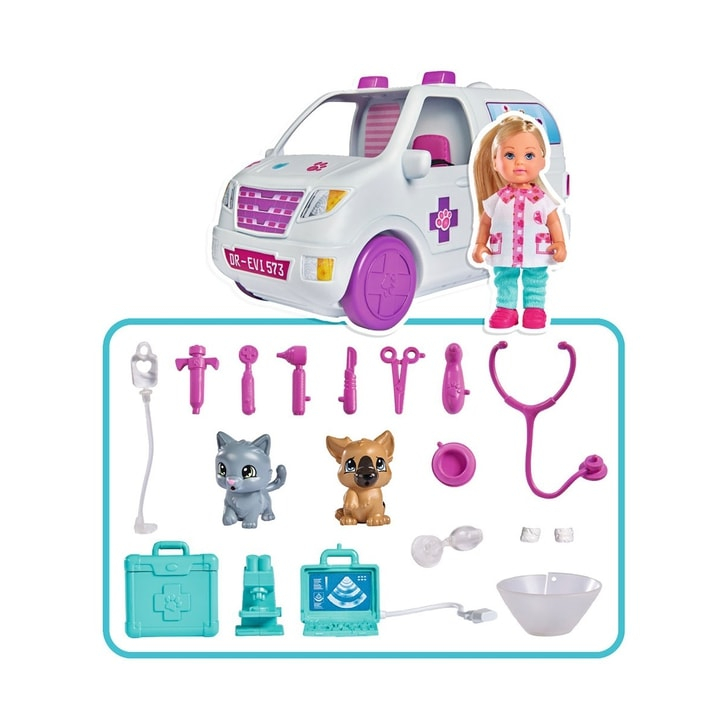 Set Simba Evi Love Doctor Evi 2 in 1 Vet Mobile masina cu papusa 12 cm si accesorii