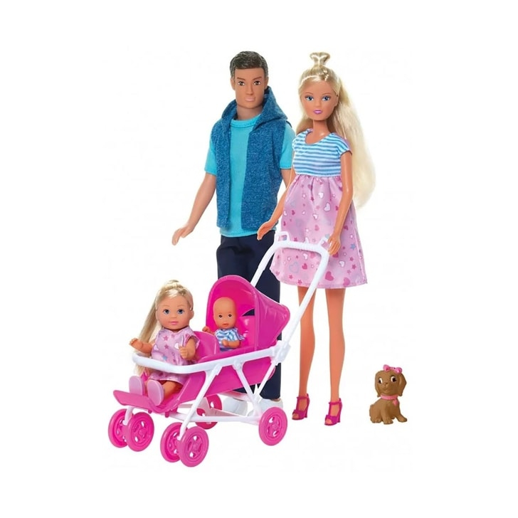 Set Simba Steffi Love Welcom Surprise Family papusa Steffy 29 cm, papusa Kevin 29 cm, papusa Evi 12 cm si accesorii