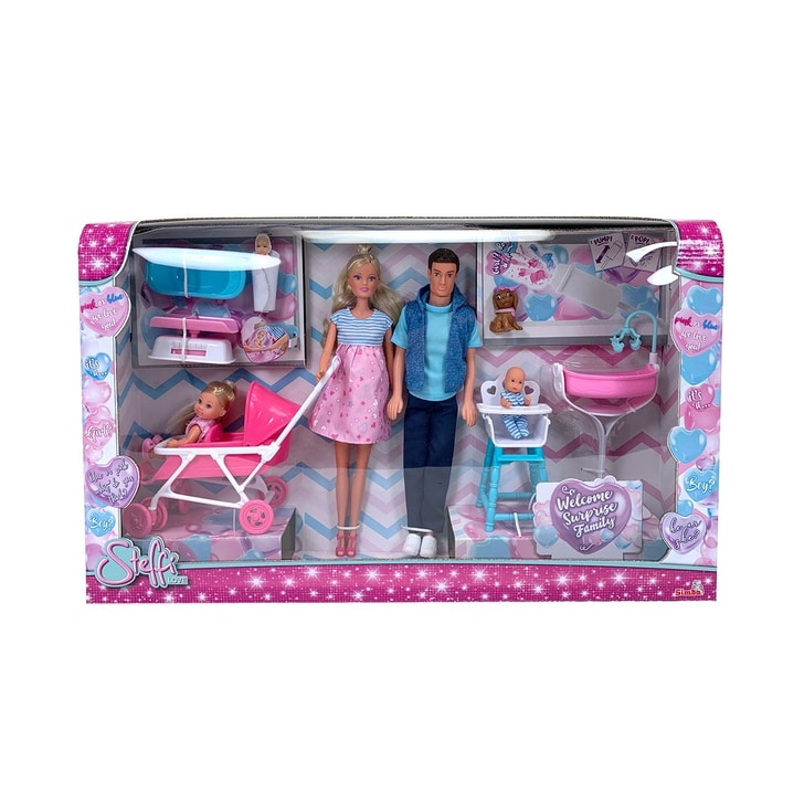 Set Simba Steffi Love Welcom Surprise Family papusa Steffy 29 cm, papusa Kevin 29 cm, papusa Evi 12 cm si accesorii