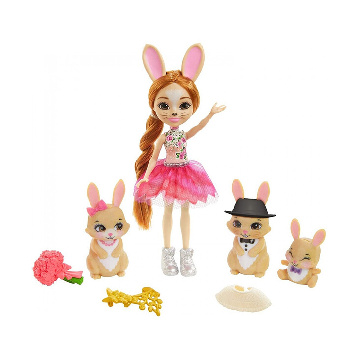 Papusa Enchantimals by Mattel Brystal Bunny Family cu 3 figurine si accesorii