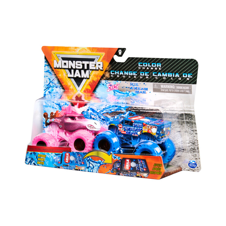 MONSTER JAM SET 2 MASINUTE SPARKLE SMASH SI ICE CREAM MAN COLOR CHANGE