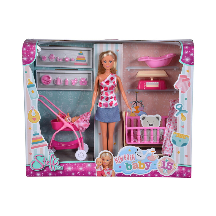 Set Simba Steffi Love New Born Baby Set papusa 29 cm, 1 bebelus si accesorii