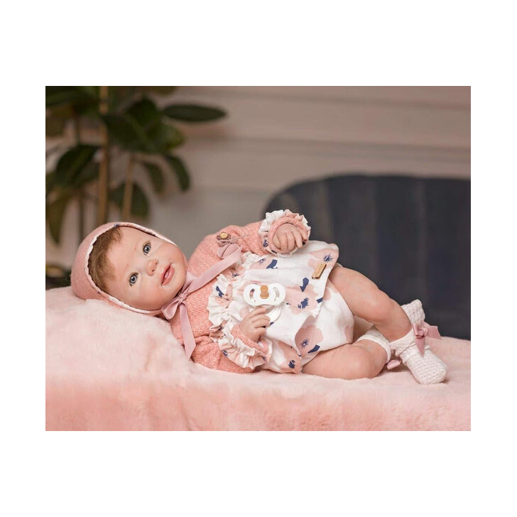 Papusa Reborn bebelus realist cu par, Ella, cu paturica roz blanita, 46 cm, Guca