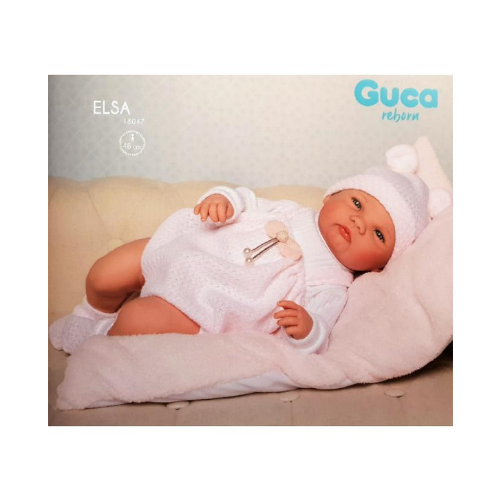 Papusa Reborn bebelus realist Elsa, cu salteluta roz blanita, 46 cm, Guca