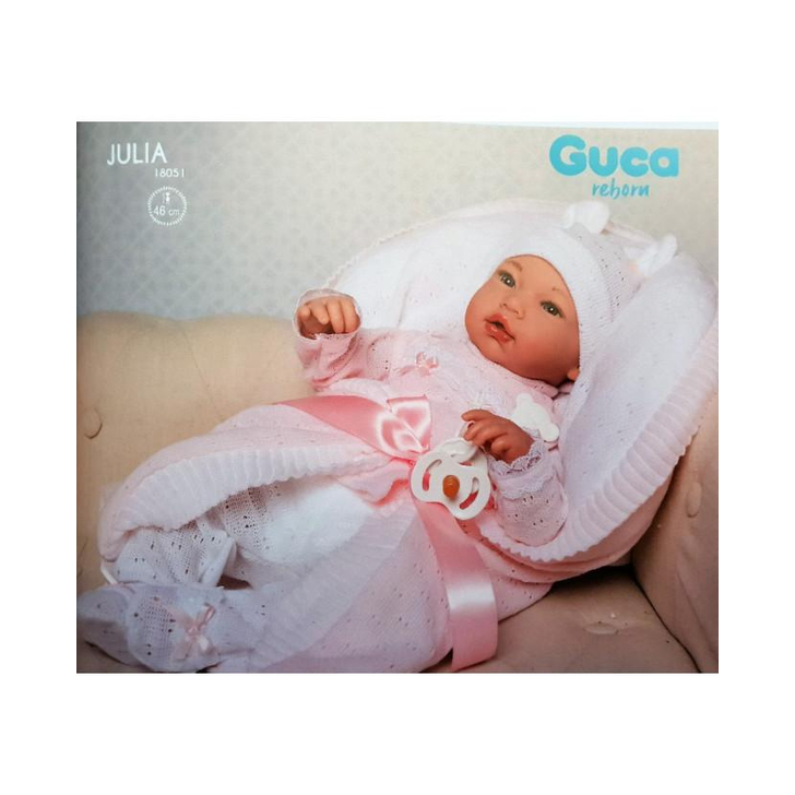 Papusa Reborn bebelus realist Julia, cu pernuta alb-roz tricot, 46 cm, Guca