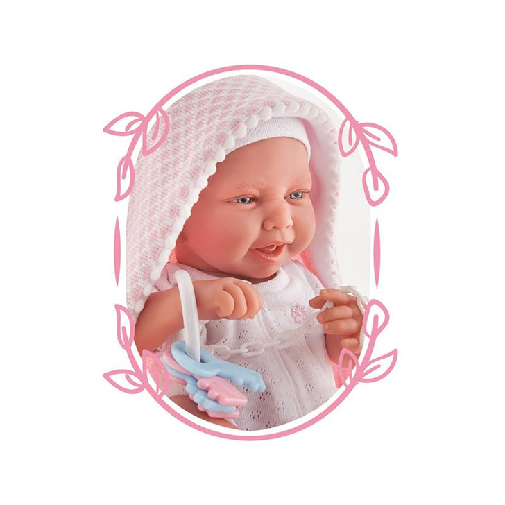 Papusa bebe realist Carla cu prosopel, corp anatomic corect, alb-roz, Antonio Juan