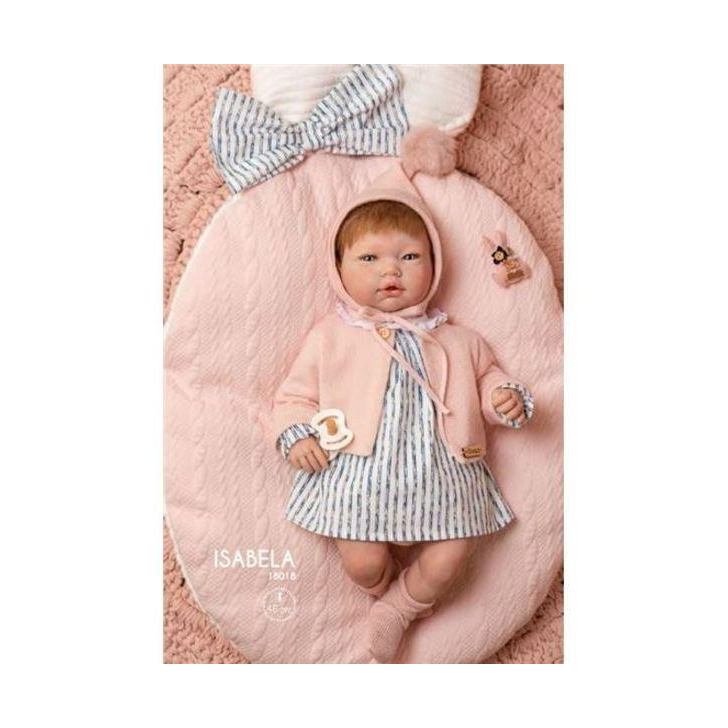 Papusa Reborn bebelus realist cu par roscat, Isabela, cu salteluta roz, 46 cm, Guca