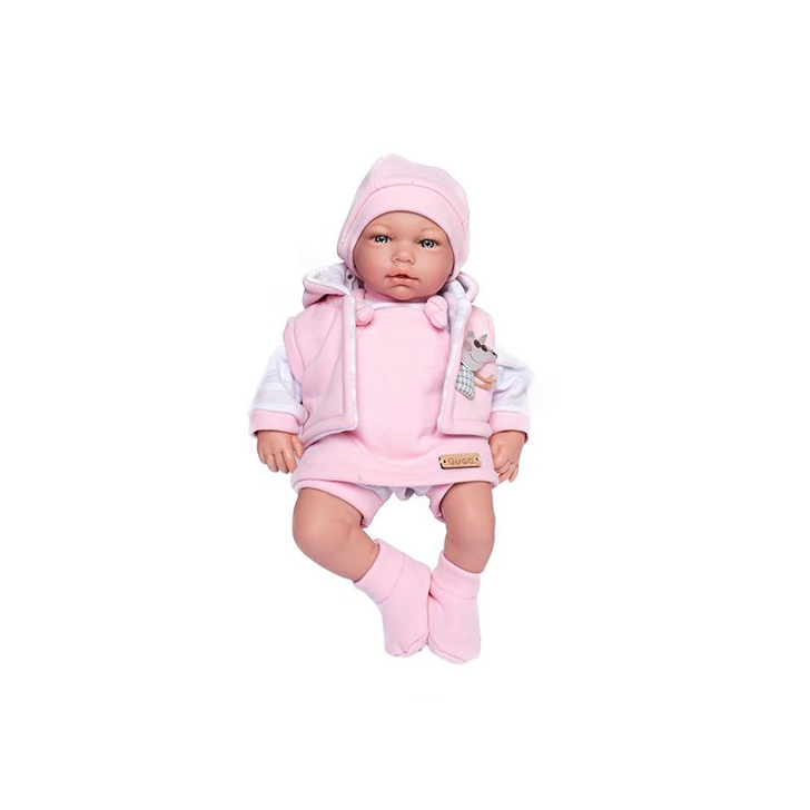 Papusa bebelus realist Celine, cu jacheta roz, 38 cm, +3 ani, Guca