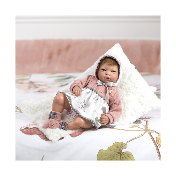 Papusa Reborn, fetita Macarena cu par saten si rochita alb cu roz, 46 cm, Guca