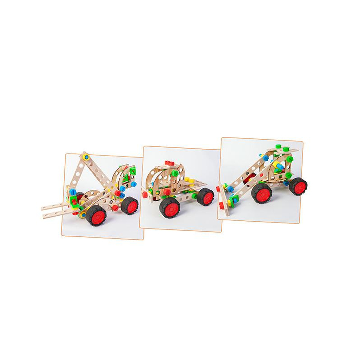 Set constructie 88 piese din lemn Constructor Junior-Motostivuitor 3in1, +4 ani, Alexander