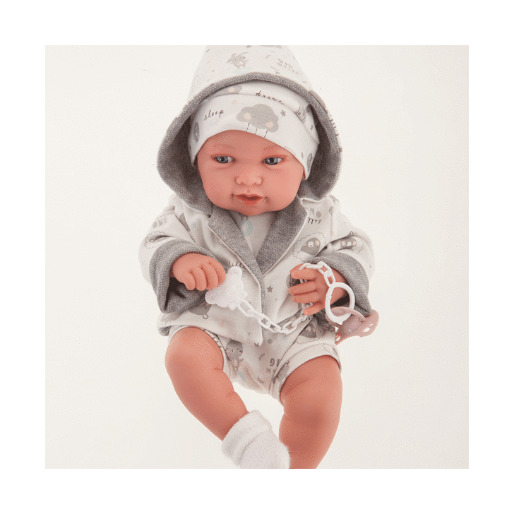 Papusa Bebelus nou nascut fetita cu corp anatomic corect, Pipa cu hainute gri, 42 cm, Antonio Juan