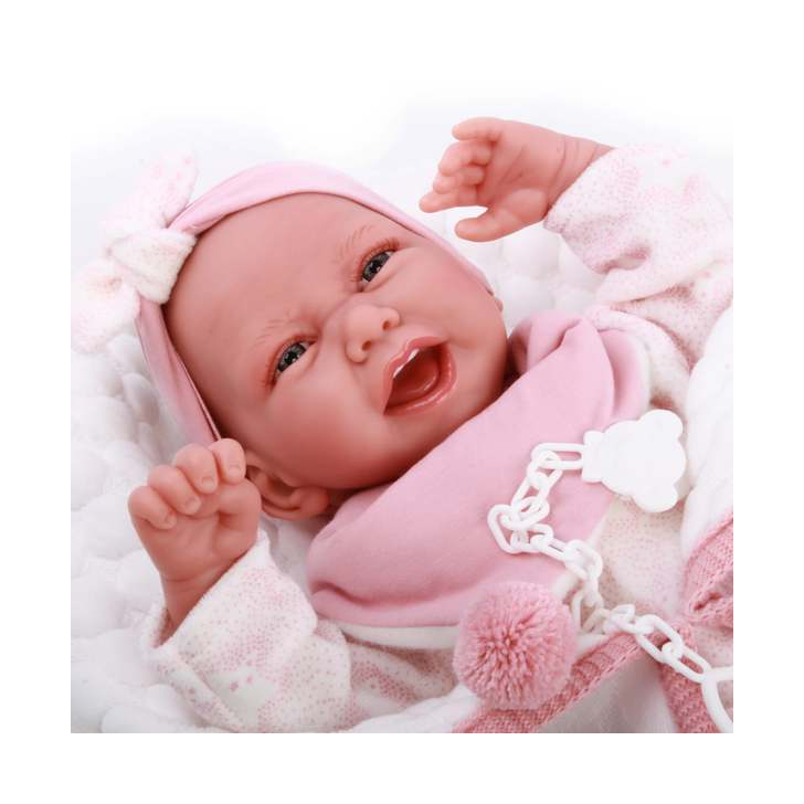 Papusa bebe realist Carla cu salteluta de schimbat, cu articulatii, roz, Antonio Juan